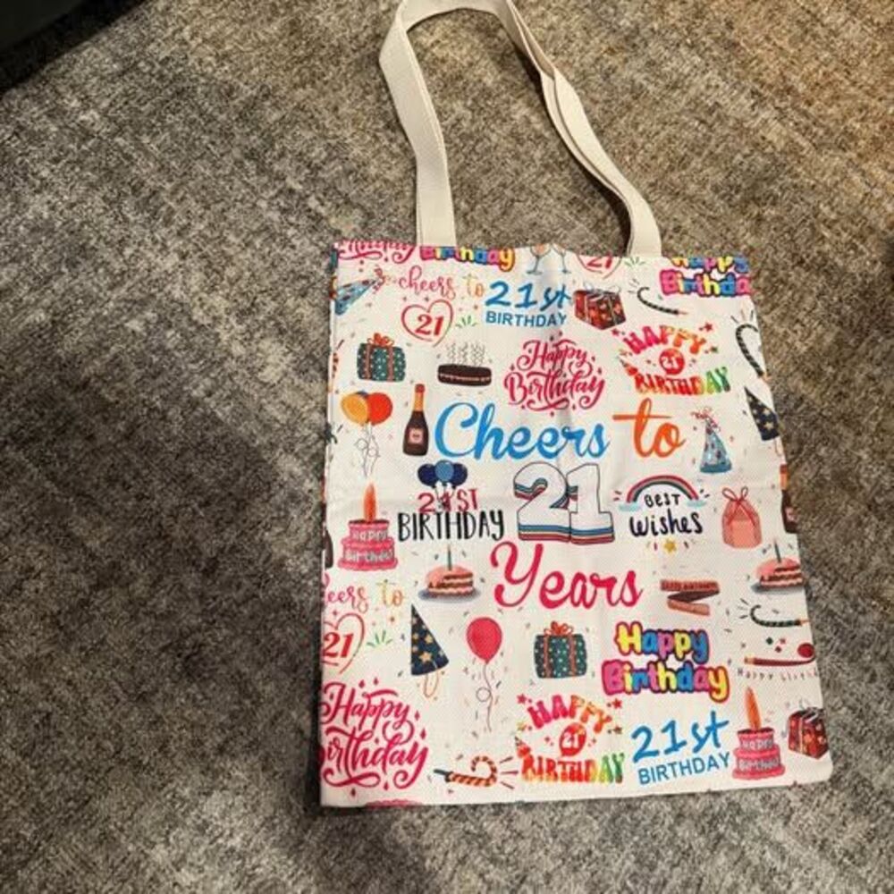 "Cheers to 21 Years" Tote Bag w/ Festive Birthday Graphics